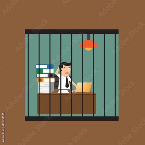 Bored businessman working in cage,vector illustration.