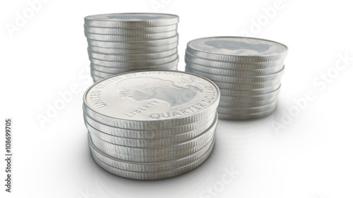 Three stacks of quarter dollar coins on white background. 3d ren