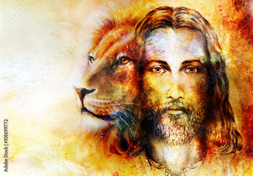 painting of Jesus with a lion  on beautiful colorful background with hint of space feeling  lion profile portrait.
