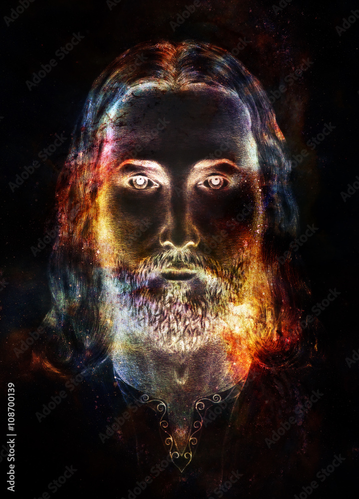 Jesus Christ painting with radiant colorful energy of light in cosmic ...