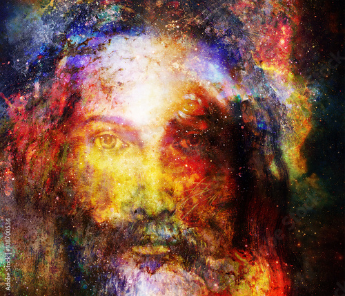 Jesus Christ painting with radiant colorful energy of light in cosmic space  eye contact.