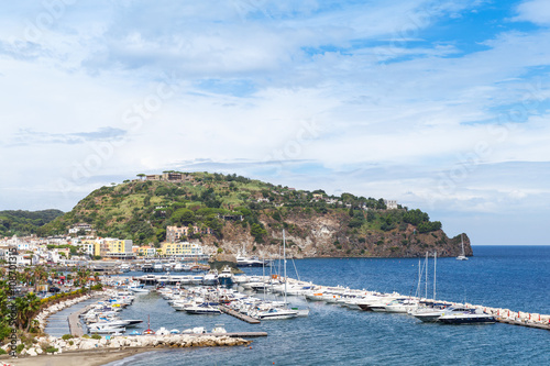 Yachts and boats moored in marina, Ischia