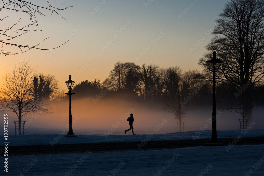 Obraz premium A runner in the misty Phoenix park