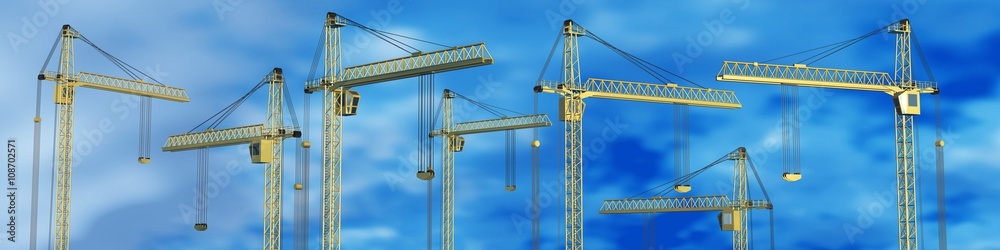 Panorama of construction, a lot of construction cranes on the sky background Panorama of construction, a lot of construction cranes on the sky background