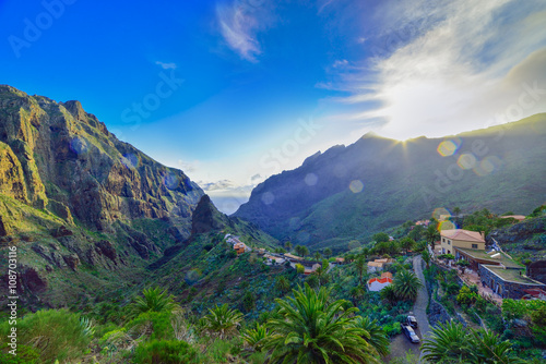 Landscape view of mountain peaks and Masca village highland at sunset in Tenerife island, Europe photo