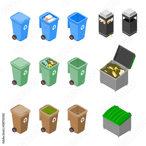 Bins for trash collection and recycling - Isometric Garbage Bins. A vector illustration of waste disposal wheelie trash bins.