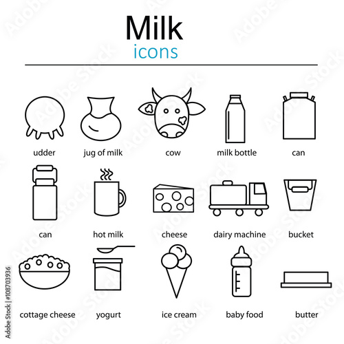 Set of icons of dairy. Icons of milk and dairy products. Icons milk. Dairy icons in line style.
