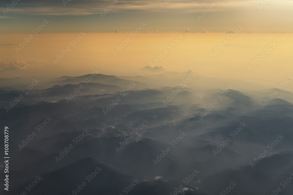 Mountain range in Cameron Highlands with sunset in Malaysia