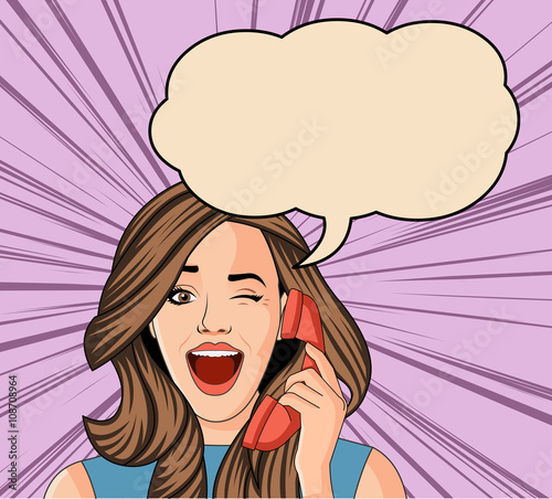 Beautiful brunet retro surprised woman talking on telephone. Vintage art.

