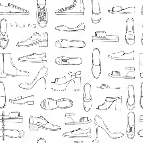 Hand drawn sketch seamless pattern of Shoes - running shoes sneakers, boots, ballet flats, flip flops, tractor sole shoes, loafer with lettering. Coloring book