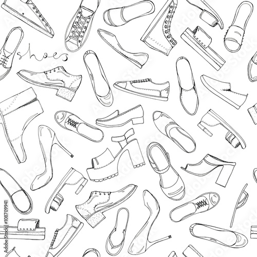Hand drawn sketch seamless pattern of Shoes - running shoes sneakers, boots, ballet flats, flip flops, tractor sole shoes, loafer with lettering. Coloring book