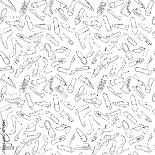 Hand drawn sketch seamless pattern of Shoes - running shoes sneakers  boots  ballet flats  flip flops  tractor sole shoes  loafer with lettering. Coloring book  