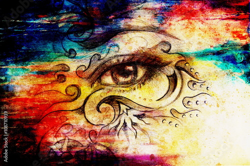 woman eye with ornament, pencil drawing, eye contact. Color effect and Computer collage.
