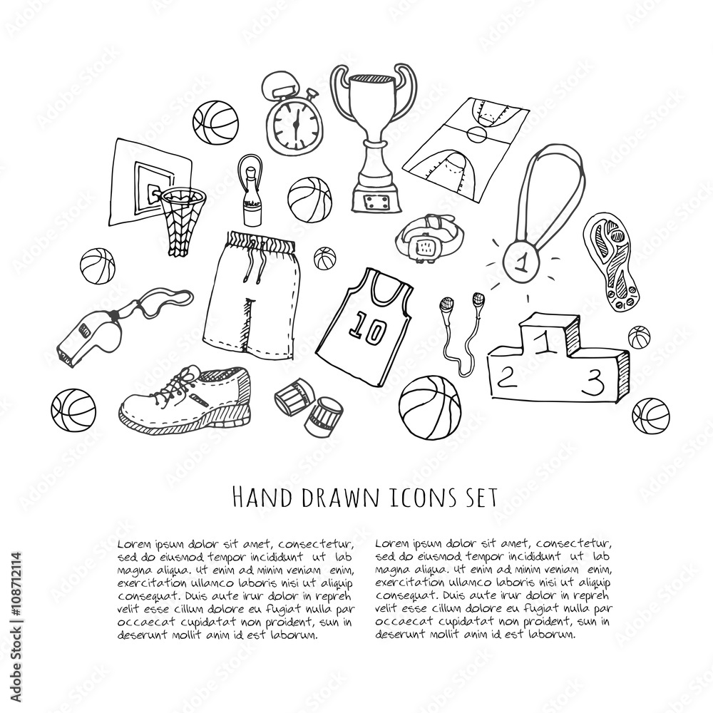 Fototapeta premium Hand drawn doodle basketball set. Vector illustration. Sketchy sport related icons, basketball elements, ball, hoop, net, basket, backboard, number, sport wear, sport shoes, winner cup