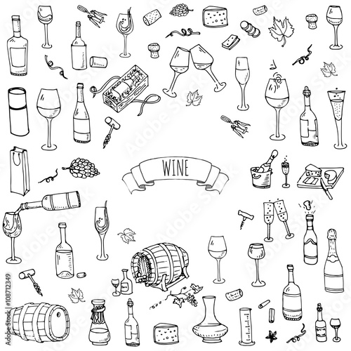 Hand drawn wine set icons Vector illustration Sketchy wine tasting elements collection Wine objects Cartoon wine symbols Vineyard background Vector wine background Winery illustration Grape Wine glass