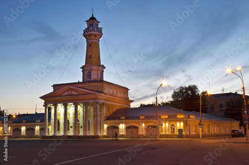 The Susanin square and the fire tower at night. Kostroma