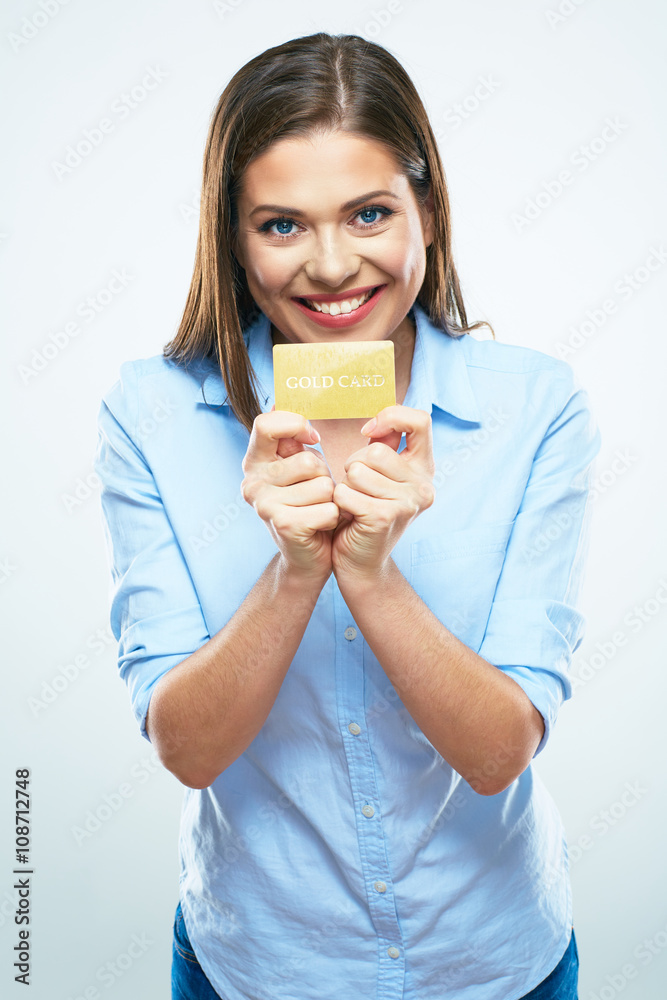 Toothy smiling young business woman hold credit card. Toothy smiling young business woman hold credit card.