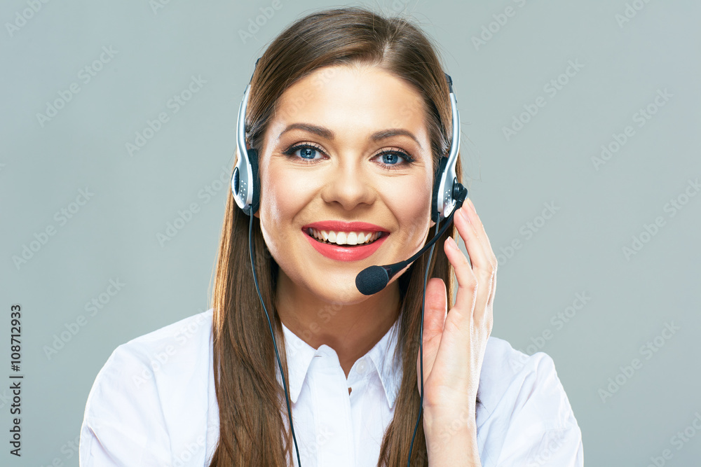 Call center support operator.Close up portrait of woman custome Call center support operator.Close up portrait of woman custome