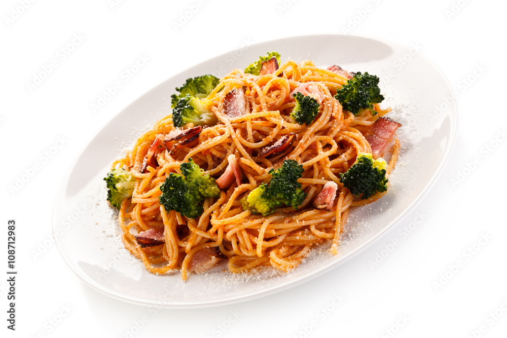 Pasta with pesto sauce, ham, Parmesan and broccoli