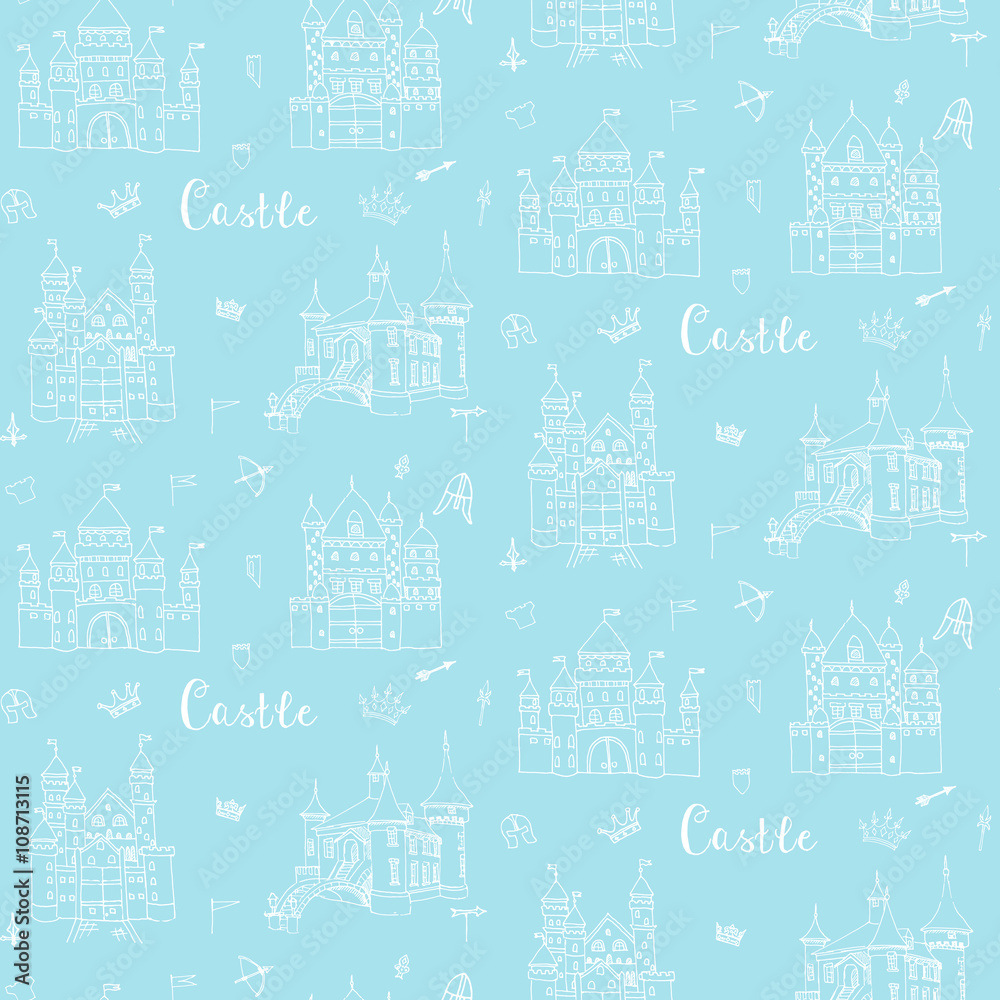 Seamless background of set of hand drawn cartoon fairy tale castle icons, castle doodle vector sketch with set of fairytale, game icons - crossbow, arrow, knight helmet, flag,  crown