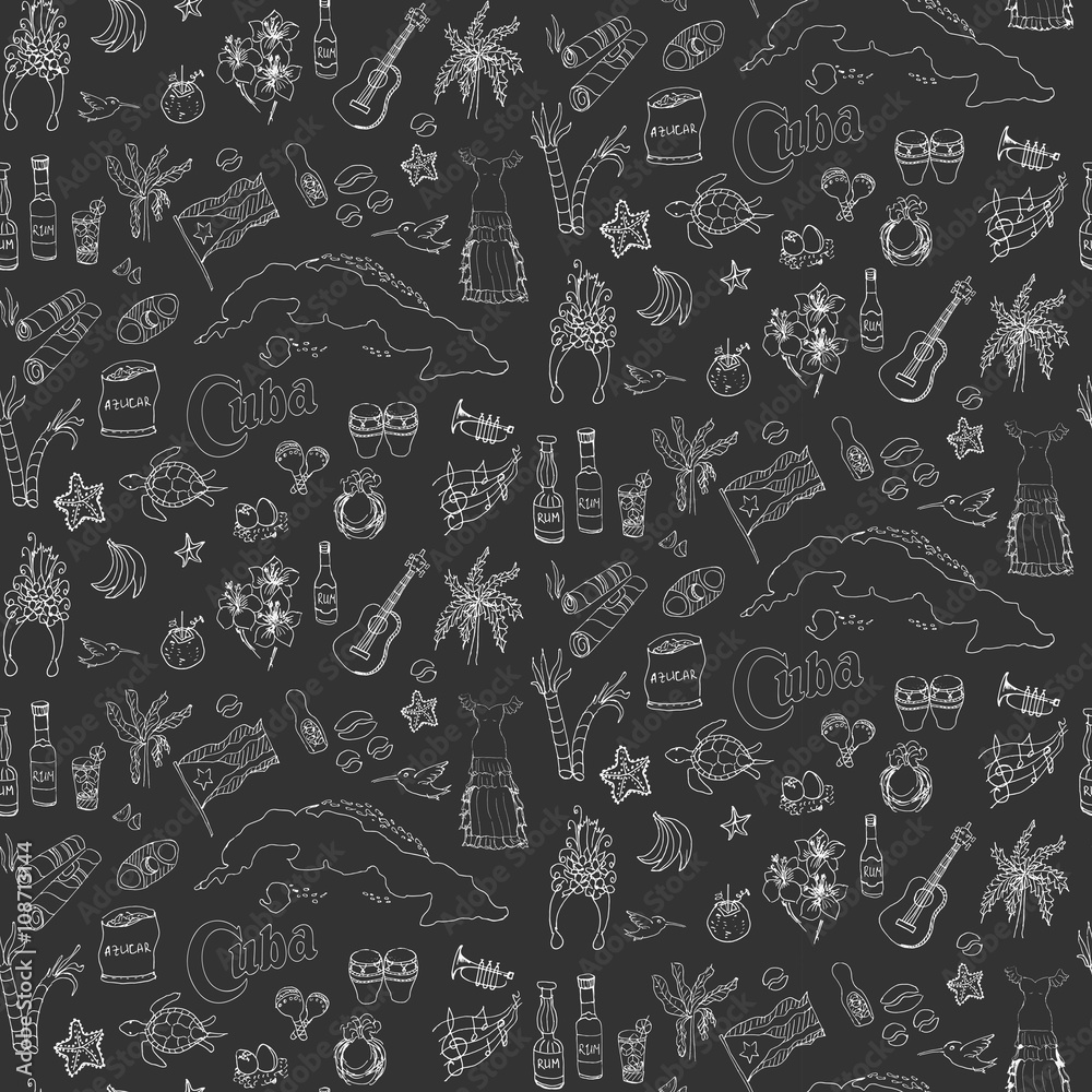 Seamless background Set of hand drawn Cuba icons Cuban sketch illustration Doodle elements Caribbean cartoon elements made in vector Travel to Cuba; background for cards and web pages Seamless background Set of hand drawn Cuba icons Cuban sketch illustration Doodle elements Caribbean cartoon elements made in vector Travel to Cuba; background for cards and web pages