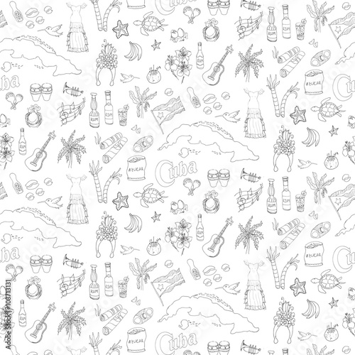 Seamless background Set of hand drawn Cuba icons Cuban sketch illustration Doodle elements Caribbean cartoon elements made in vector Travel to Cuba; background for cards and web pages