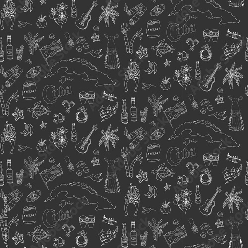 Seamless background Set of hand drawn Cuba icons Cuban sketch illustration Doodle elements Caribbean cartoon elements made in vector Travel to Cuba; background for cards and web pages