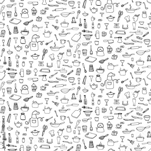 Seamless background hand drawn doodle Kitchen utensils set Vector illustration Sketchy kitchen ware icons collection Isolated appliance kitchen tools symbols Cooking equipment Tea pot Pan Knife Cup