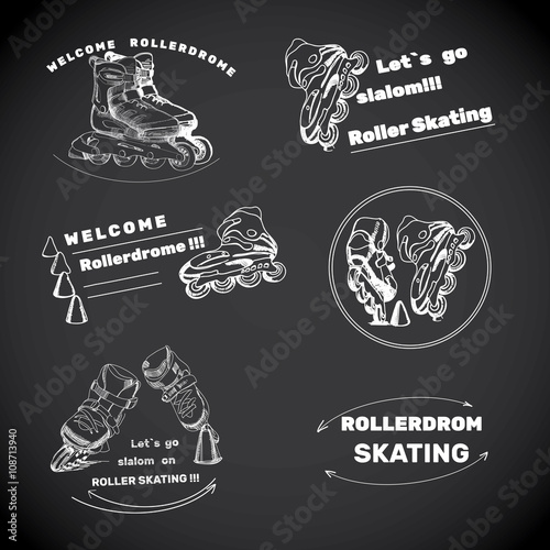  set for Roller Skates with text. Hand drawn logos, labels of ch