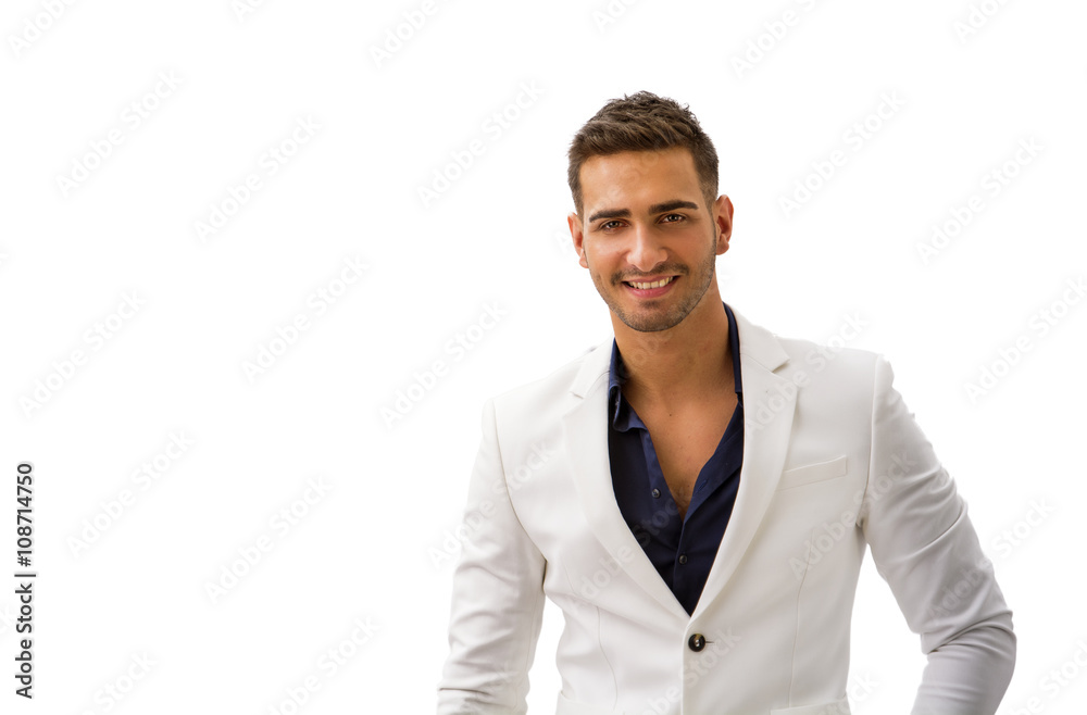 Young man in blue shirt and white jacket isolated Young man in blue shirt and white jacket isolated