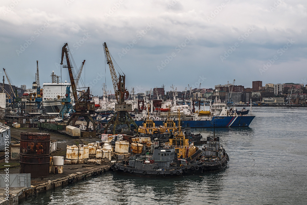 working pier in Vladivostok with moored ships