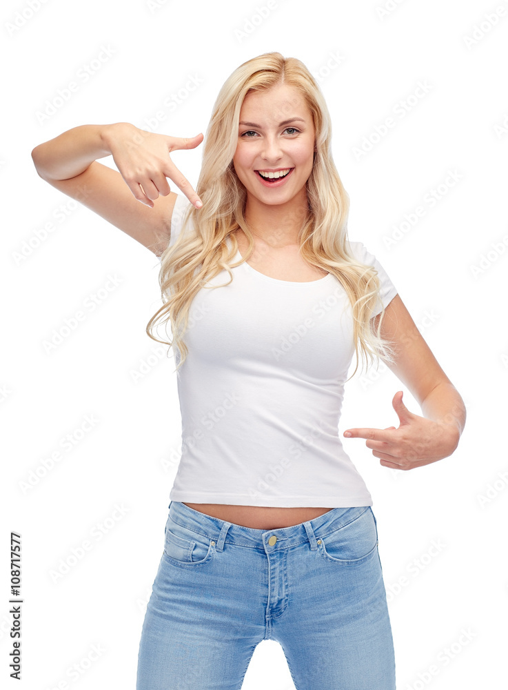 happy young woman or teenage girl in white t-shirt happy young woman or teenage girl in white t-shirt