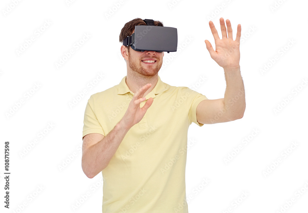 happy man in virtual reality headset or 3d glasses