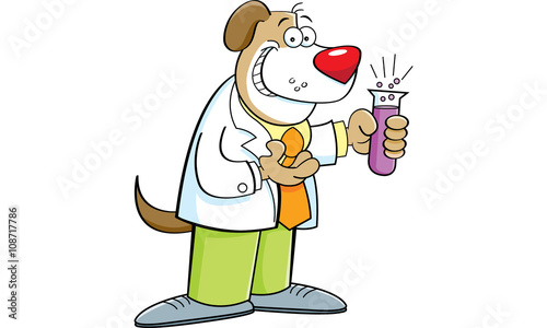 Cartoon illustration of a dog holding a test tube.