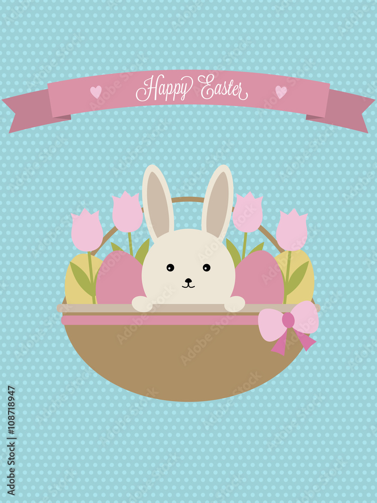 Vector Easter card. Easter basket with rabbit, eggs and tulips. Vector Easter card. Easter basket with rabbit, eggs and tulips.