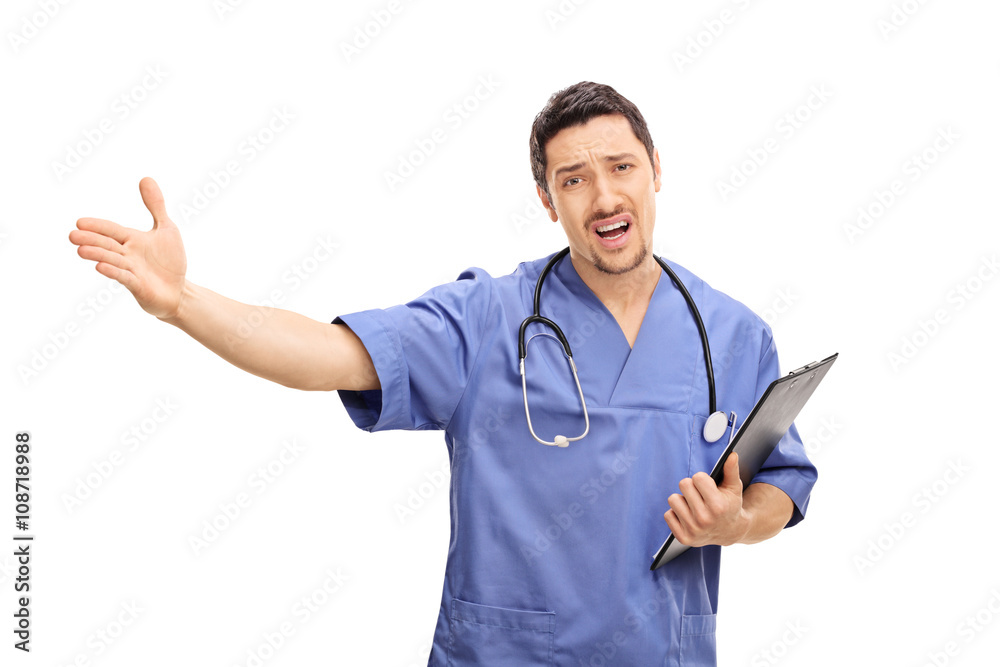 Displeased doctor gesturing with his hand Displeased doctor gesturing with his hand