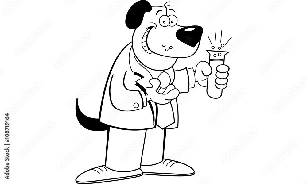 Black and white illustration of a dog holding a test tube.