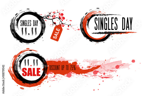 Singles Day sale badges. Chinese Brush calligraphy sale Tag. Special Sale Vector Illustration Of Chinese Holiday of 11 November