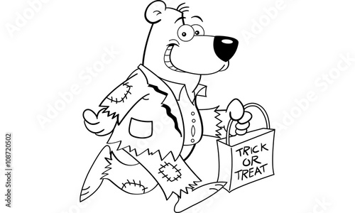 Black and white illustration of a bear in a costume and trick or treating.
