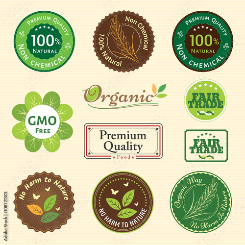 Set of organic non chemical quality and fair trade guarantee tag label emblem sticker for plant fruits and vegetable 