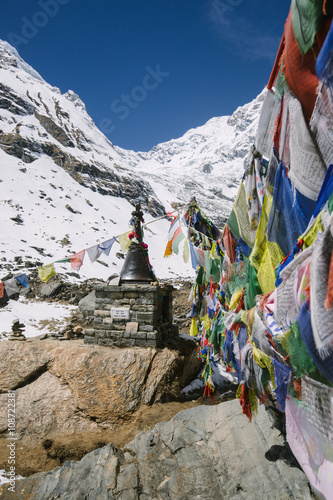 Prayer flags at Annapurna range on Himalayas
