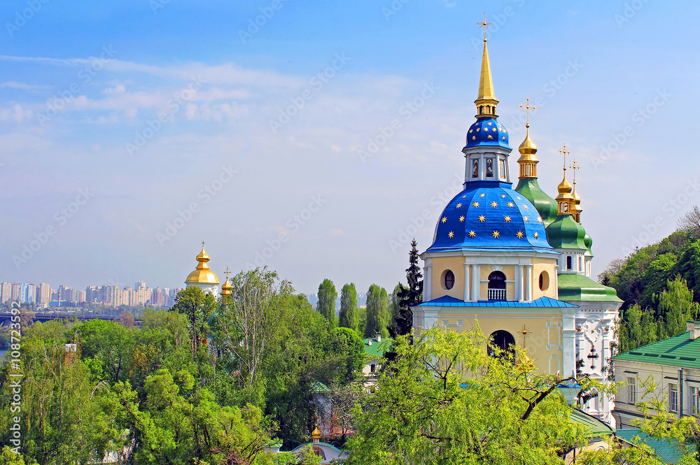 View of Vydubychi Monastery, left bank of the Dnipro River and city Kyiv, Ukraine