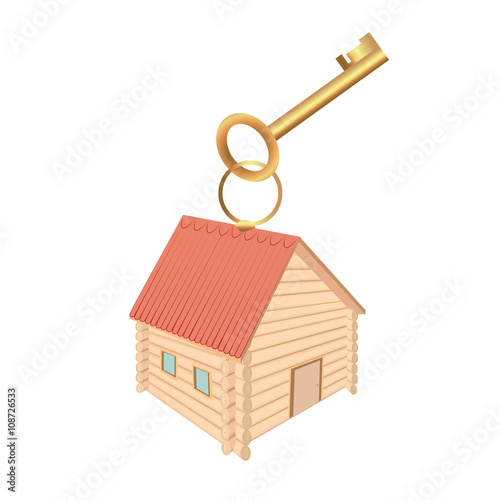 Keychain in the form of log houses and red roof and Golden key