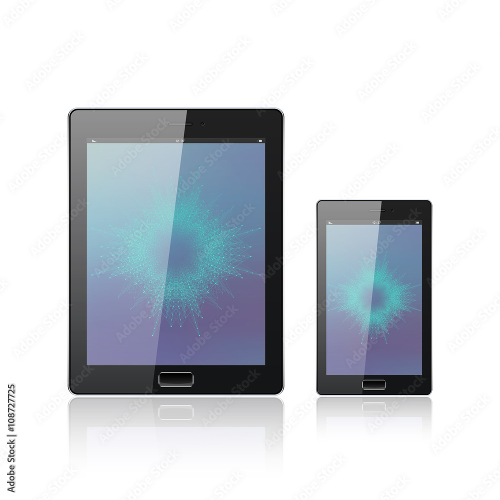 Modern digital tablet PC with mobile smartphone isolated on the white. Mobile application interface. Molecule and communication background. Vector Illustration
