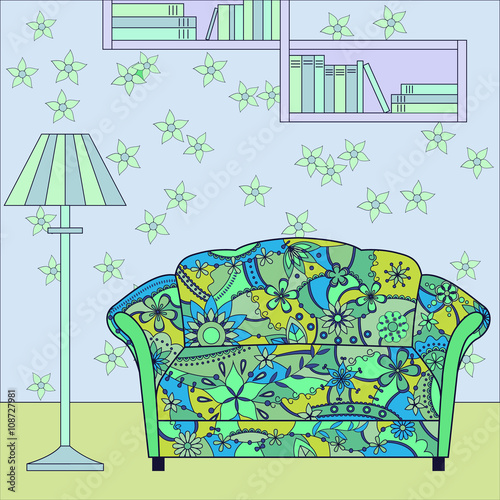 Cartoon funny interior with couch painted blue and green silhouette photo