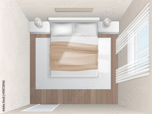 Top view bedroom with beige walls. Realistic vector interior.