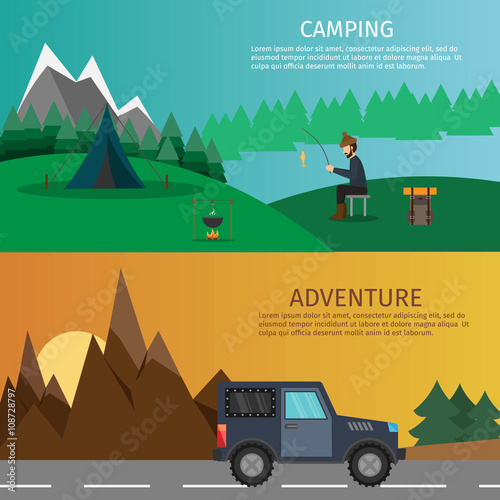 Hiking and outdoor set flat camping travel vector illustration