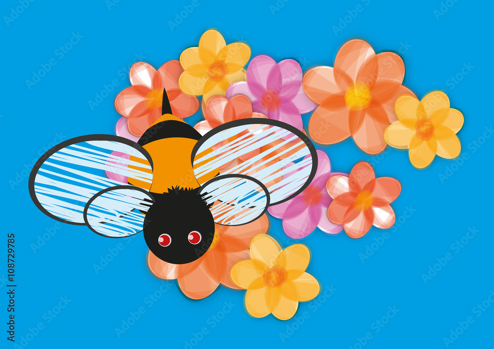 A cute bee is flying above colored flowers on a blue background. - obrazy, fototapety, plakaty 