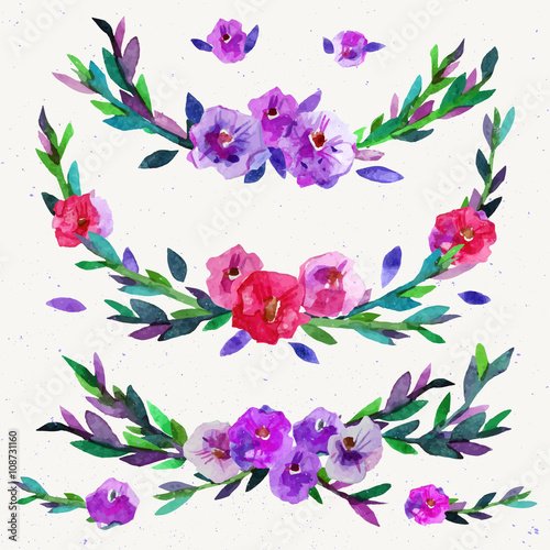 Watercolor symmetrical floral elements isolated on white. Watercolor vector hand paint wreath. Vector illustration. photo