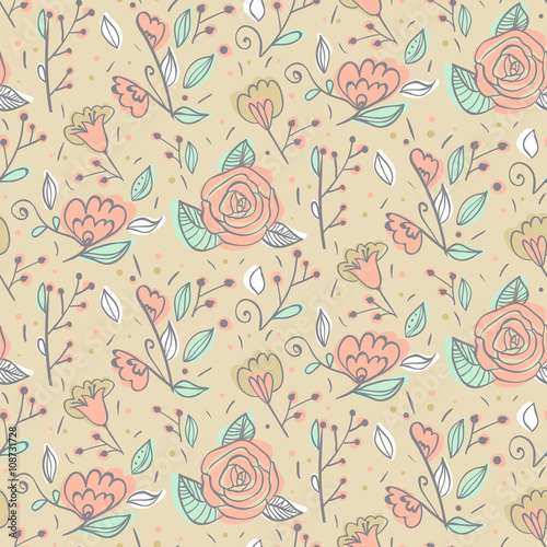 Abstract elegance seamless pattern with hand drawn flowers.